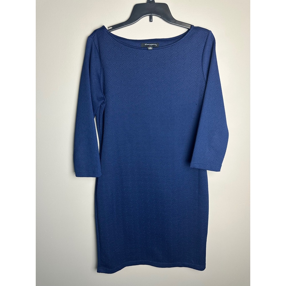 Sharagano Womens Navy Blue Textured Basketweave Boatneck Sheath Dress Size 10